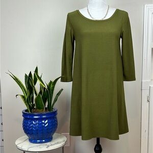 LEITH Dark Olive Green Crepe Swing Trapeze Mini Midi Dress